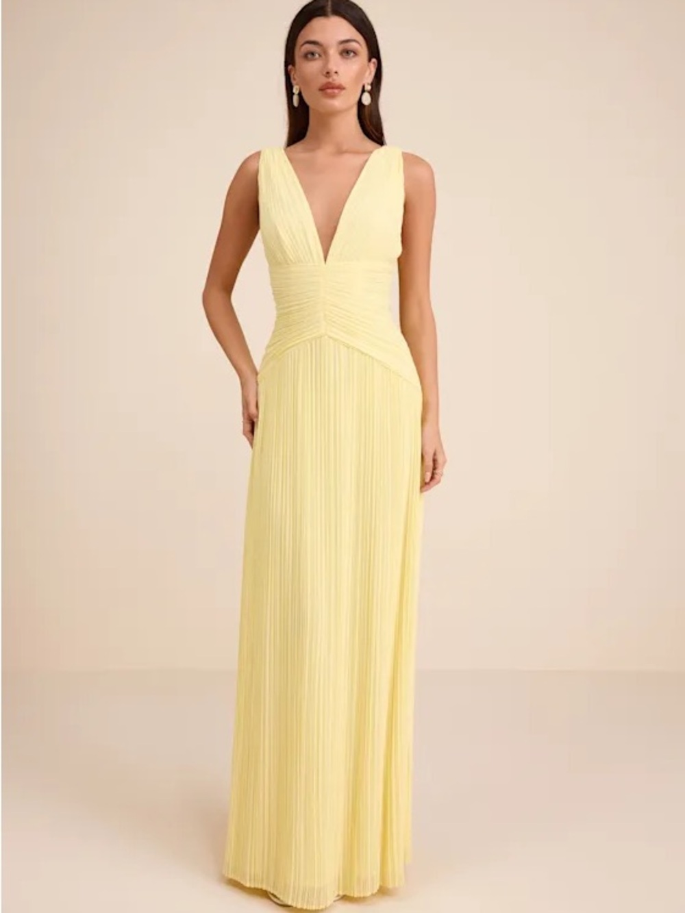 Kelina Light Yellow Pleated Drop Waist Maxi Dress